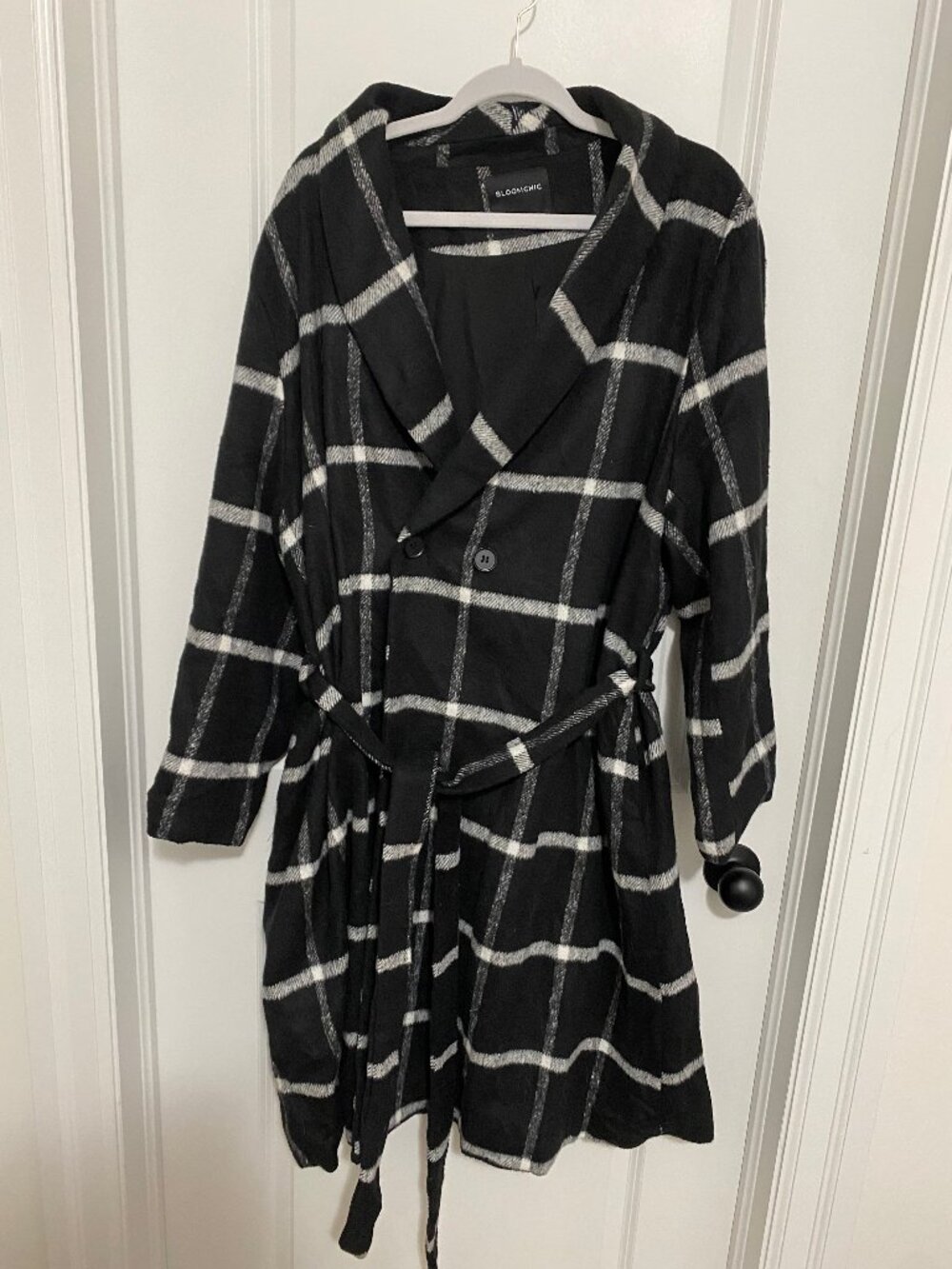 Chic Black and White Window Pane Long Coat